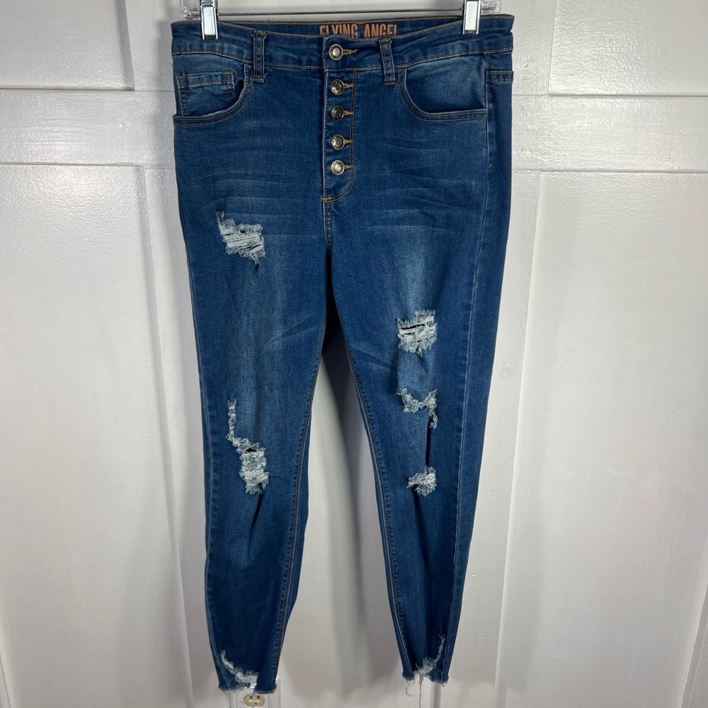 Flying‎ Angel Women's Jeans Size 11 Blue Distressed Button Fly Skinny Fit